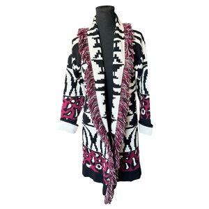 San Lorenzo Italy Fringe Knit Sweater Black White Magenta Leopard Tribal Small